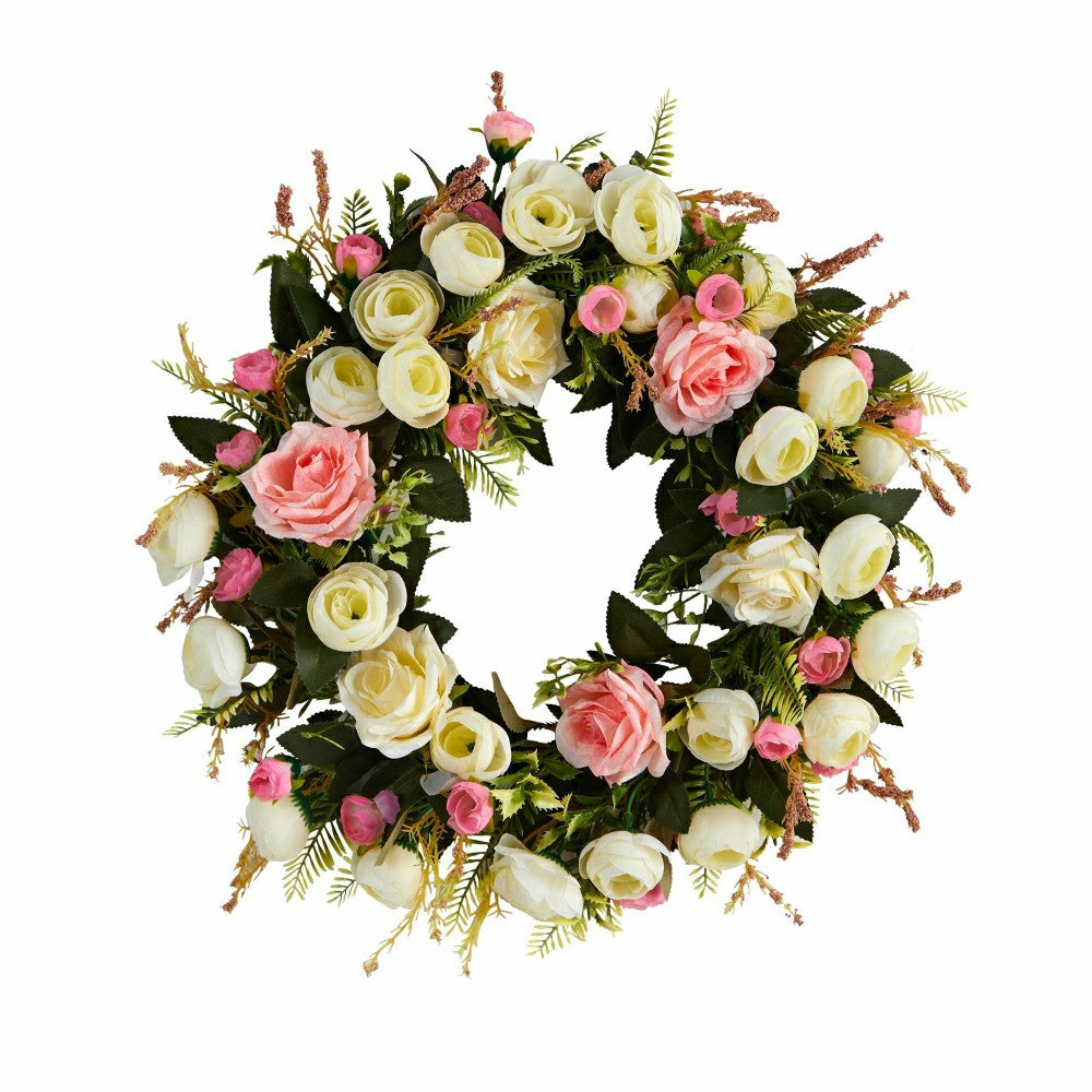White & Pink Rose Artificial Wreath, 20” | Plow & Hearth