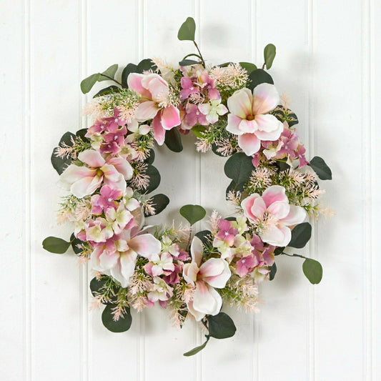 Hydrangea and Magnolia Artificial Wreath, 20” | Plow & Hearth
