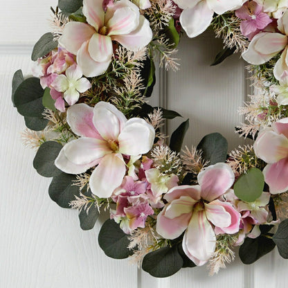 Hydrangea and Magnolia Artificial Wreath, 20” | Plow & Hearth