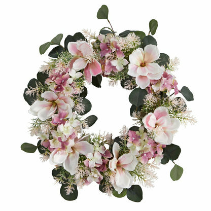 Hydrangea and Magnolia Artificial Wreath, 20” | Plow & Hearth