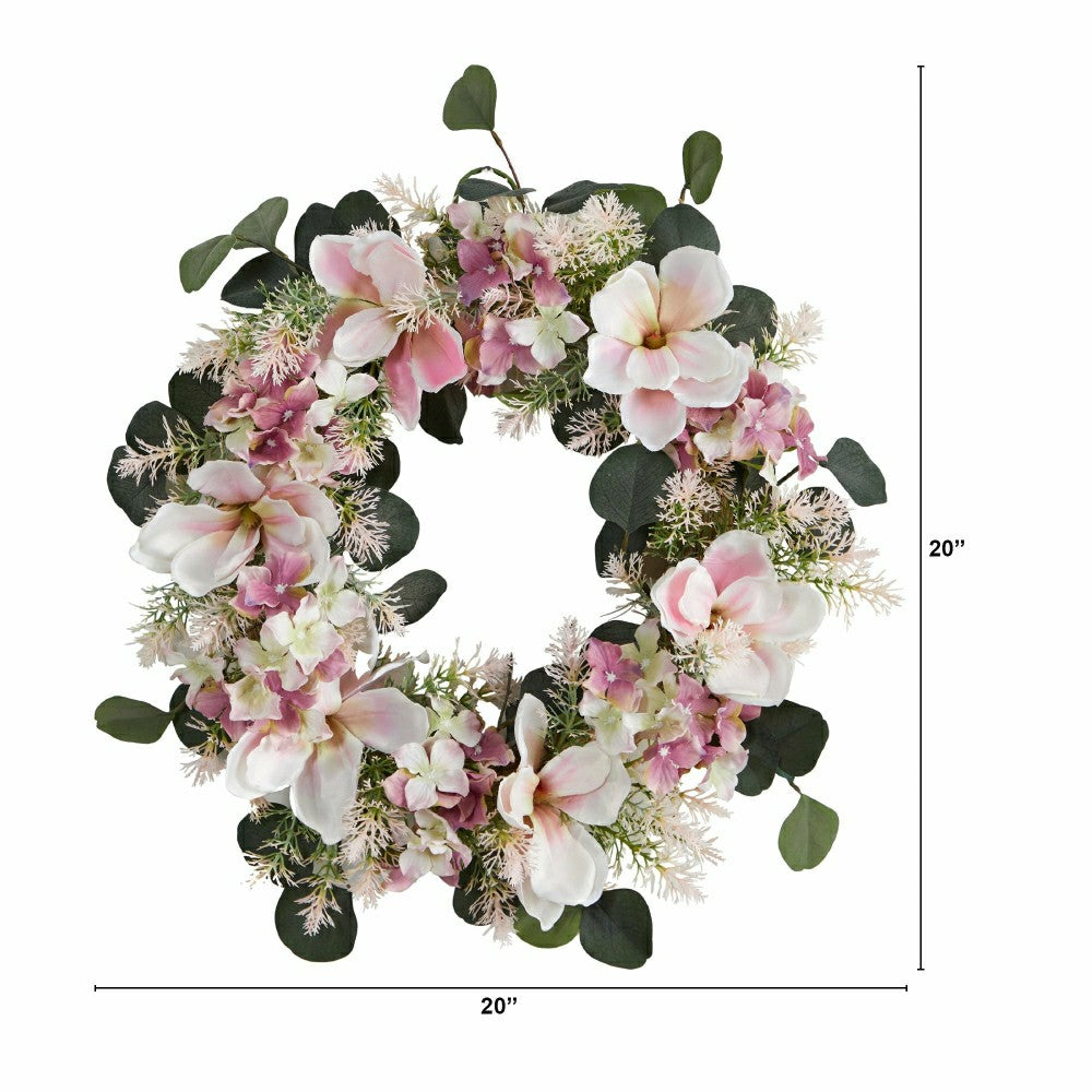 Hydrangea and Magnolia Artificial Wreath, 20” | Plow & Hearth