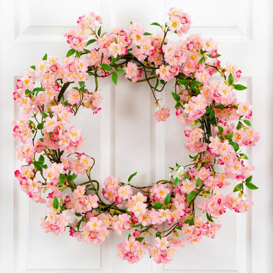 Artificial Pink Cherry Blossom Wreath, 30” | Plow & Hearth