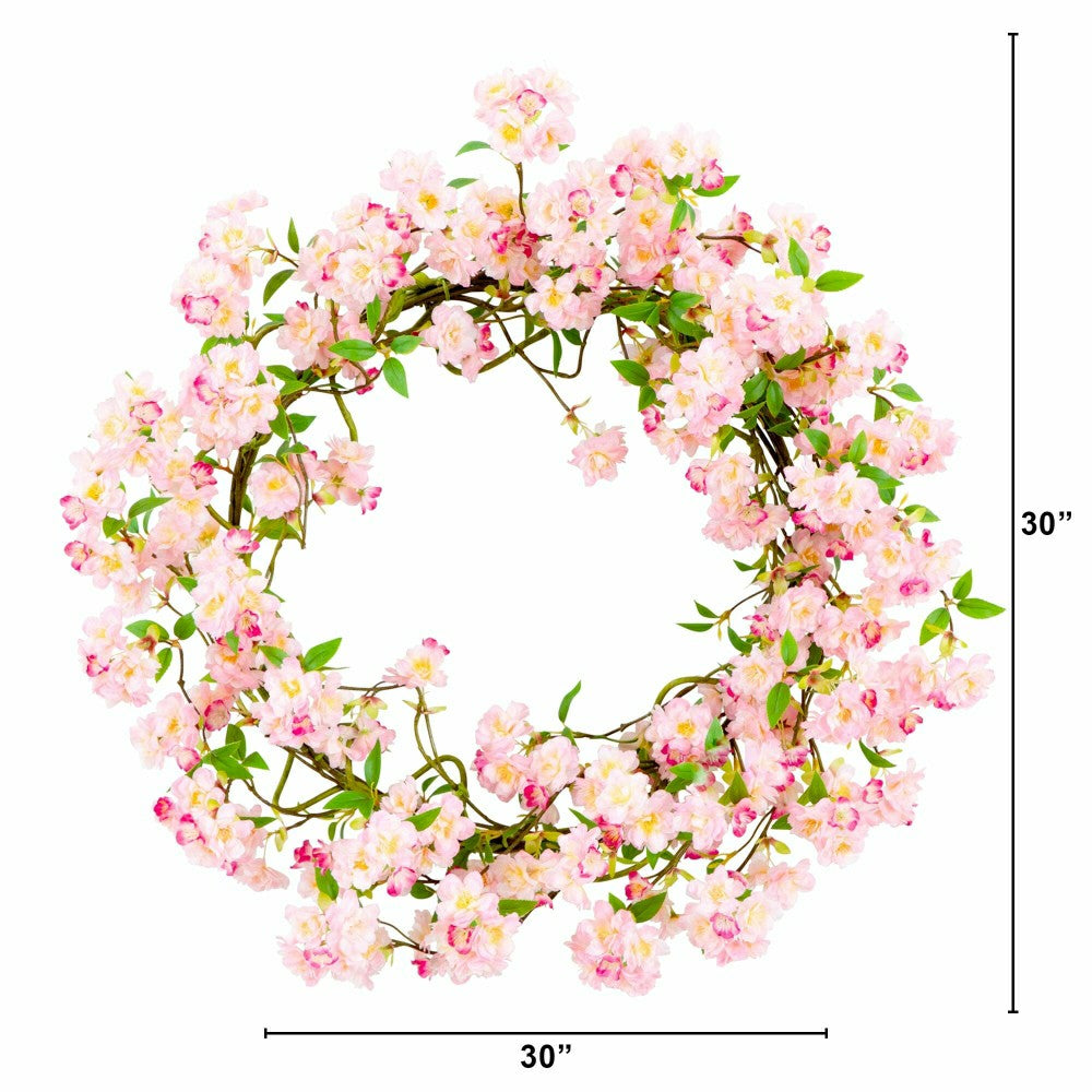 Artificial Pink Cherry Blossom Wreath, 30” | Plow & Hearth