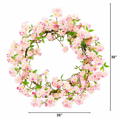 Artificial Pink Cherry Blossom Wreath, 30” | Plow & Hearth