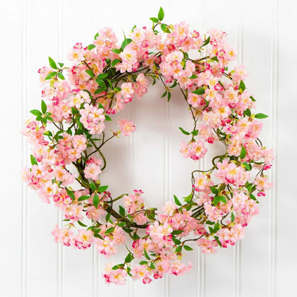 Artificial Pink Cherry Blossom Wreath, 30” | Plow & Hearth