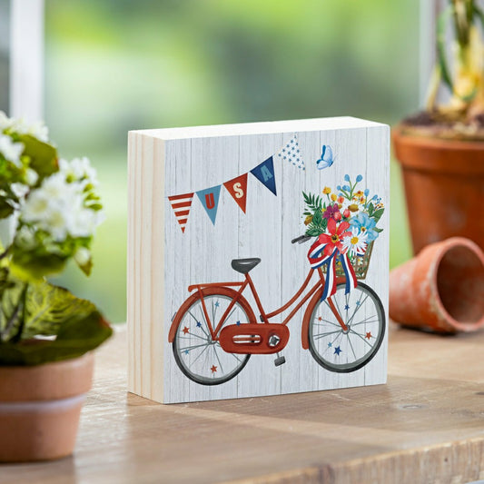 American Patriotic Bike Classic Sign Wood Block, 6"x6" | Plow & Hearth