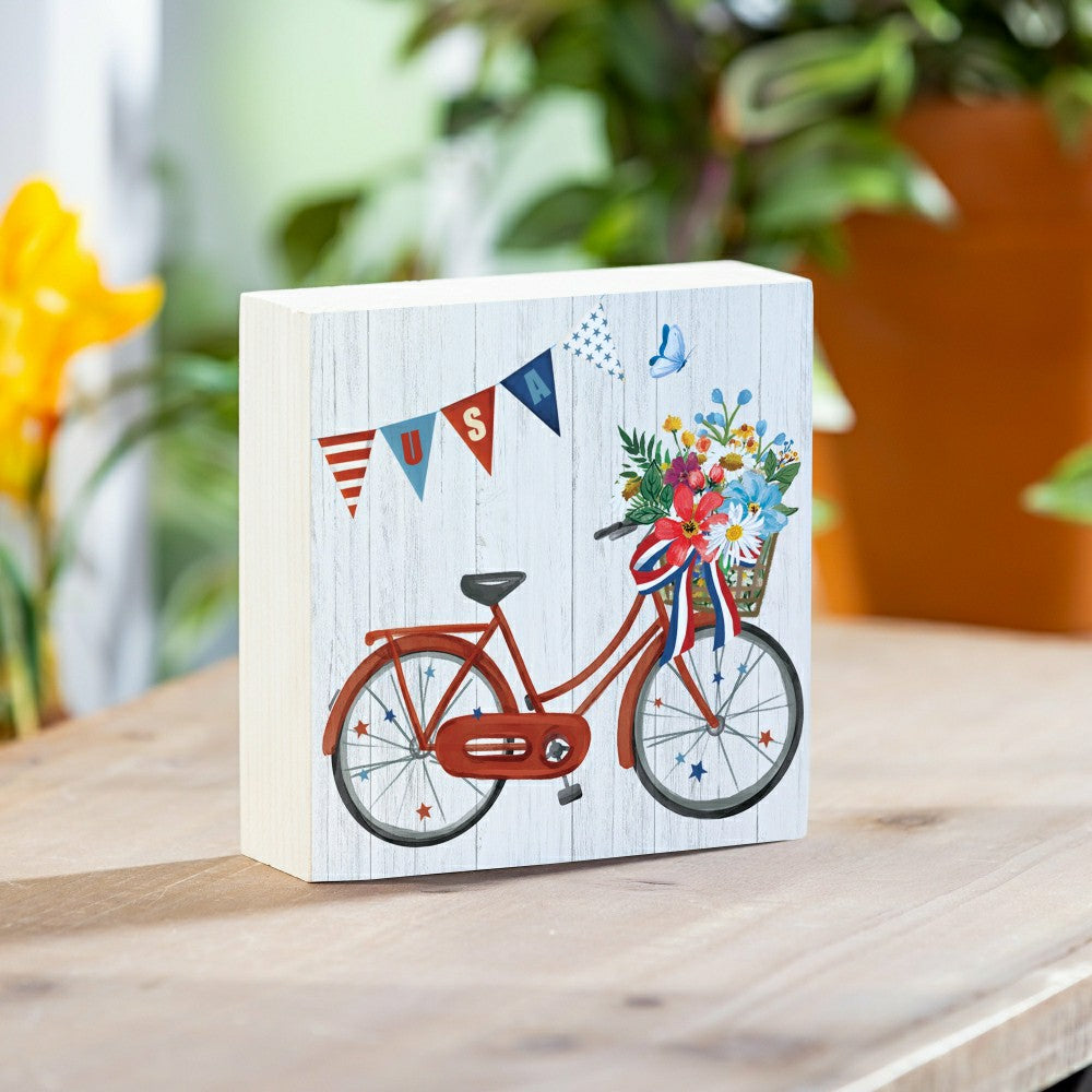 American Patriotic Bike Classic Sign Wood Block, 6"x6" | Plow & Hearth