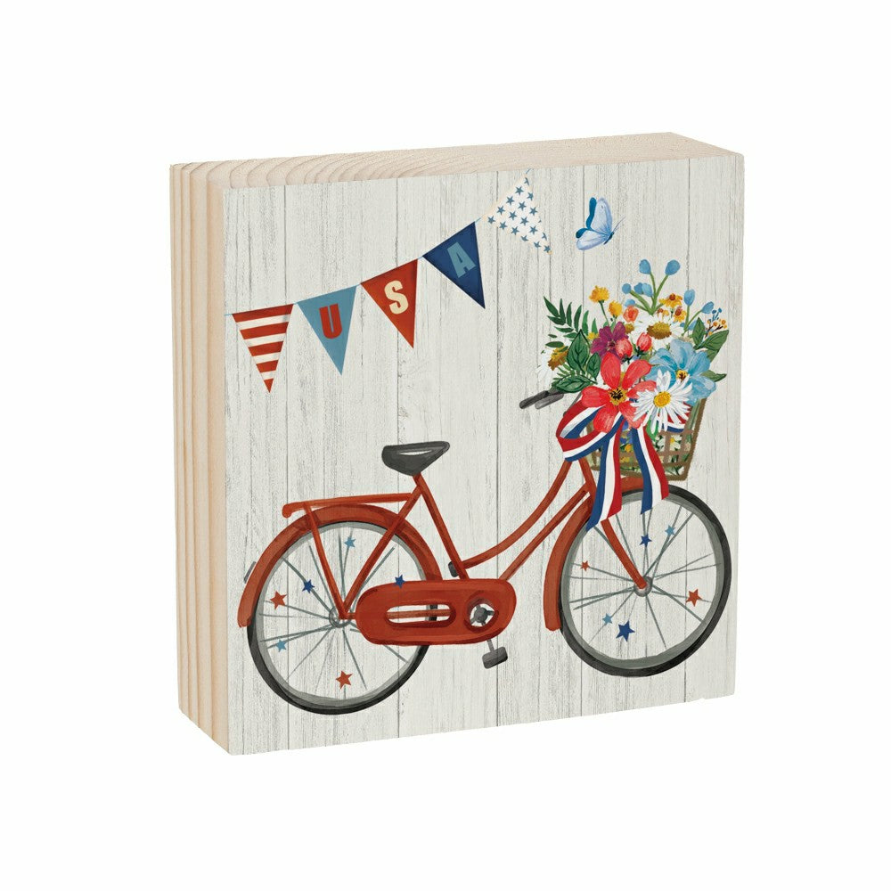 American Patriotic Bike Classic Sign Wood Block, 6"x6" | Plow & Hearth