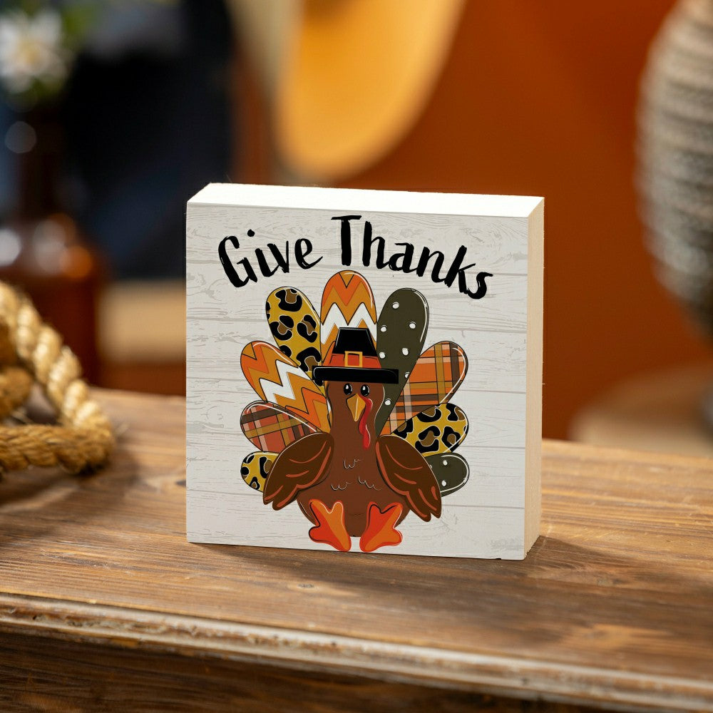 Grateful Gatherings Give Thanks Patterned Turkey Sign Plock, 6"x6" | Plow & Hearth