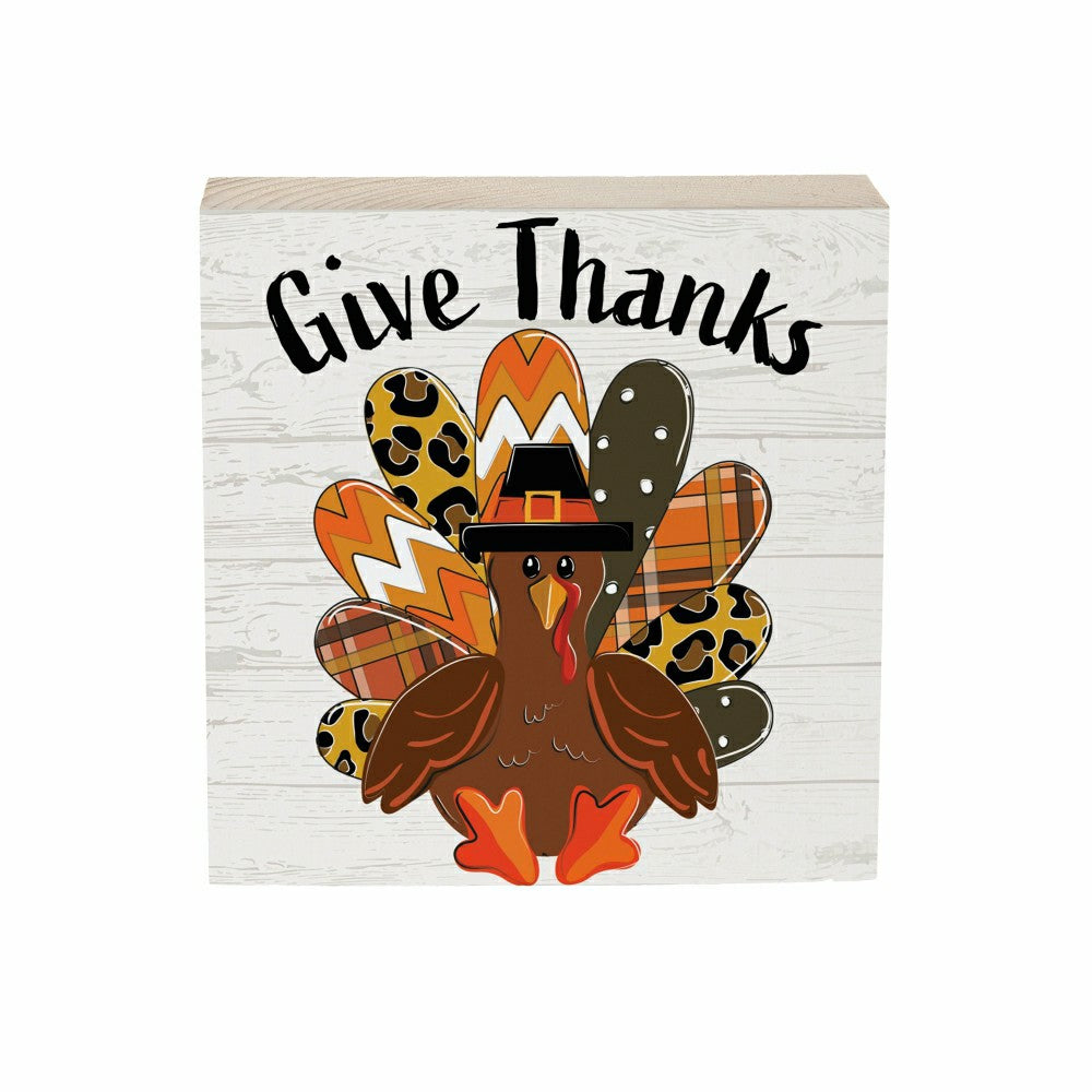 Grateful Gatherings Give Thanks Patterned Turkey Sign Plock, 6"x6" | Plow & Hearth