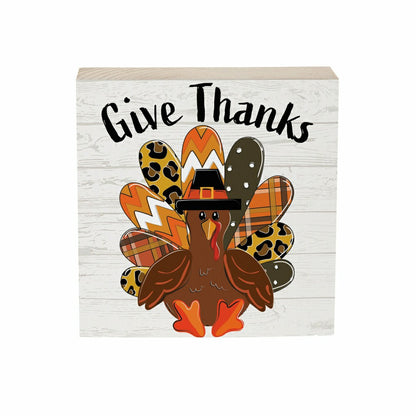 Grateful Gatherings Give Thanks Patterned Turkey Sign Plock, 6"x6" | Plow & Hearth