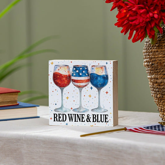 Red White & Bloom Sign Wood Block, Red Wine & Blue, 6"x6" | Plow & Hearth