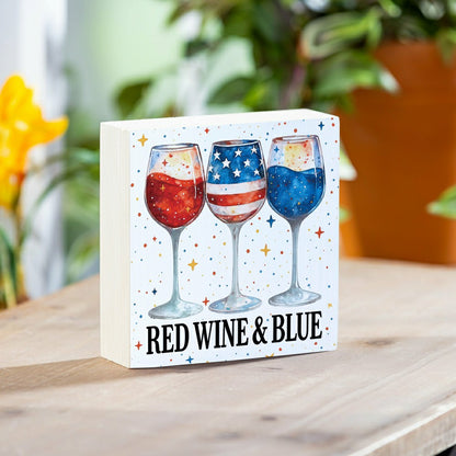 Red White & Bloom Sign Wood Block, Red Wine & Blue, 6"x6" | Plow & Hearth