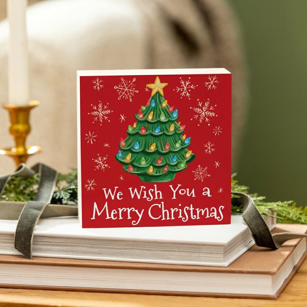 Christmas Tree Sign Plock, "WE WISH YOU A MERRY CHRISTMAS", 6"x6” | Plow & Hearth