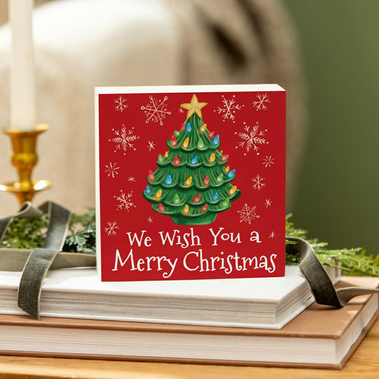 Christmas Tree Sign Plock, "WE WISH YOU A MERRY CHRISTMAS", 6"x6” | Plow & Hearth