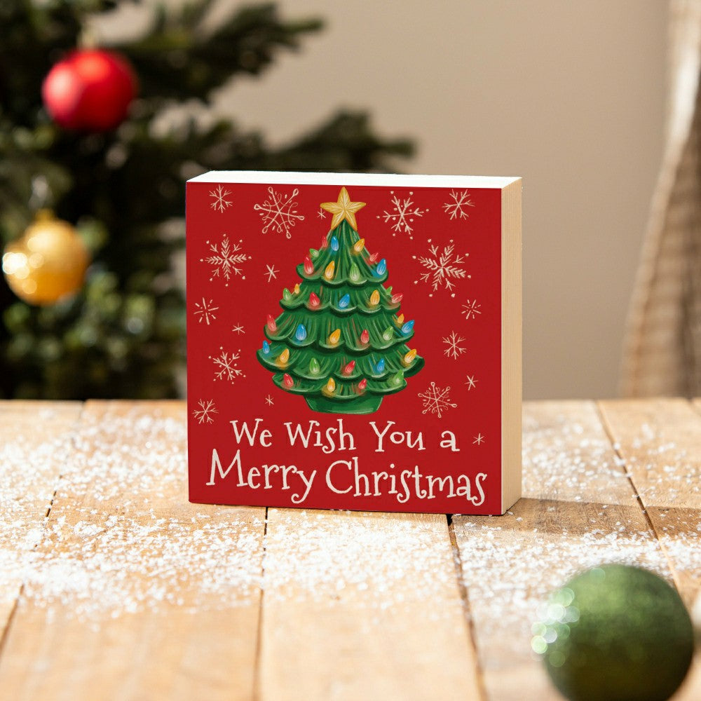 Christmas Tree Sign Plock, "WE WISH YOU A MERRY CHRISTMAS", 6"x6” | Plow & Hearth