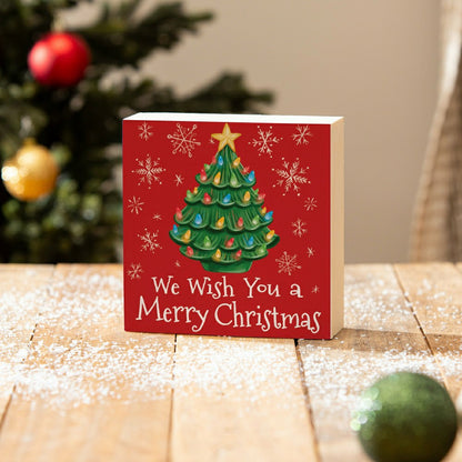 Christmas Tree Sign Plock, "WE WISH YOU A MERRY CHRISTMAS", 6"x6” | Plow & Hearth