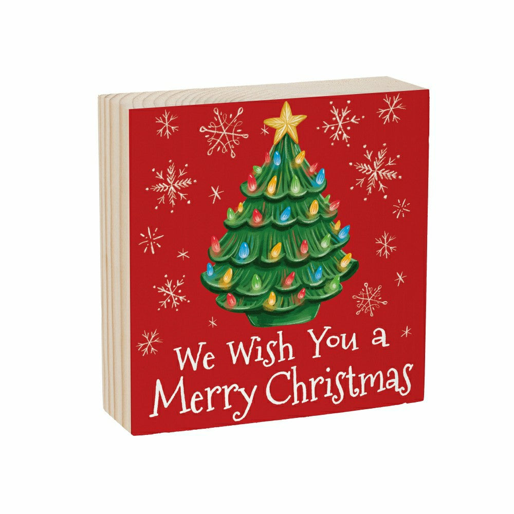 Christmas Tree Sign Plock, "WE WISH YOU A MERRY CHRISTMAS", 6"x6” | Plow & Hearth