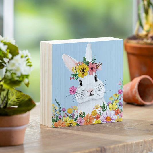 Bunny Blooms Sign Wood Block, 6"x6" | Plow & Hearth