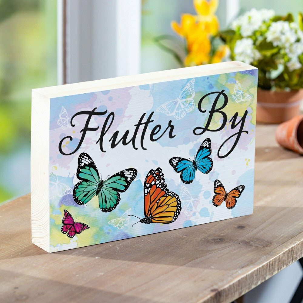 Pollinator Garden Butterfly Sign Wood Block "Flutter By", 12"L x 8"H | Plow & Hearth