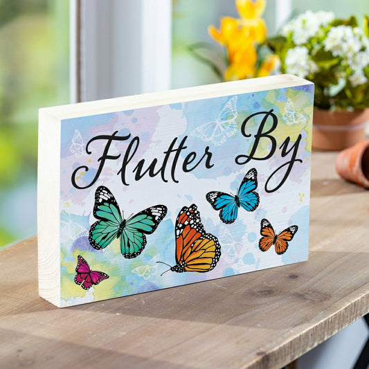 Pollinator Garden Butterfly Sign Wood Block "Flutter By", 12"L x 8"H | Plow & Hearth