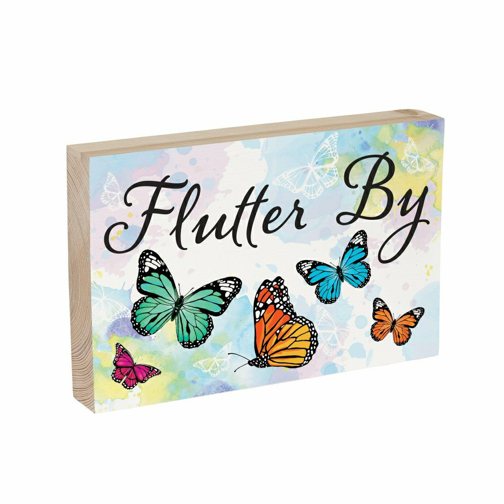 Pollinator Garden Butterfly Sign Wood Block "Flutter By", 12"L x 8"H | Plow & Hearth