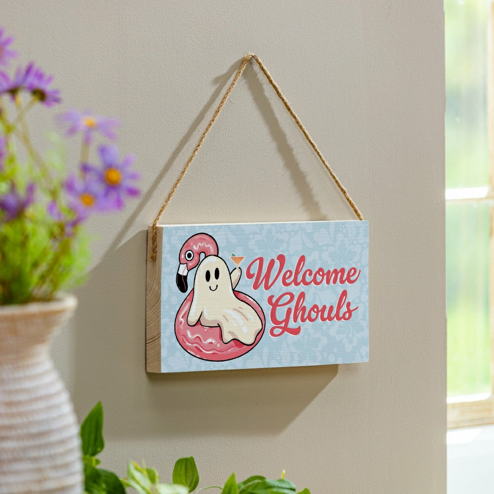 Summerweeen Hanging Sign, Welcome Ghouls, 11" L x 6" H | Plow & Hearth