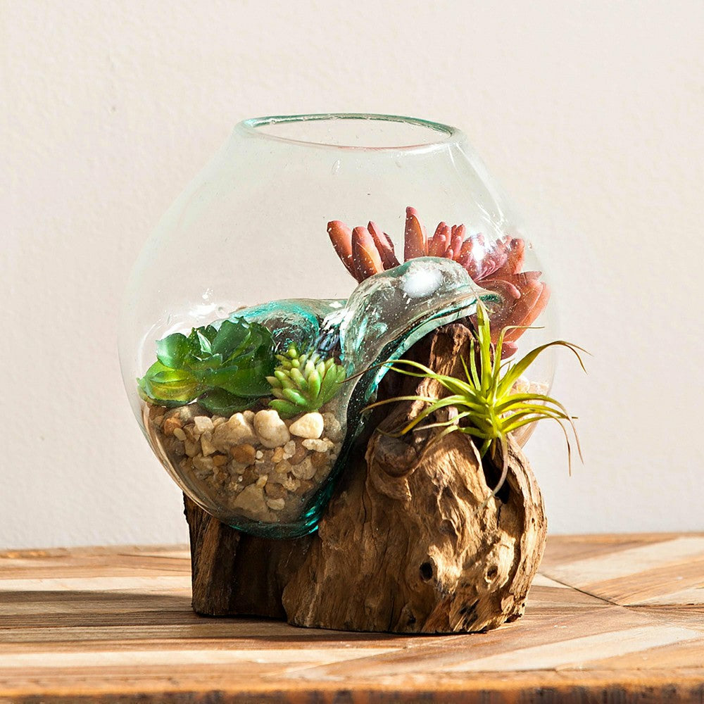 Small Recycled Glass Planter with Driftwood Base | Plow & Hearth