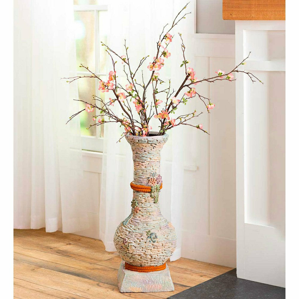 Stacked Faux Rock Non-Watertight Vase with Base and Floral Rope Accent | Plow & Hearth