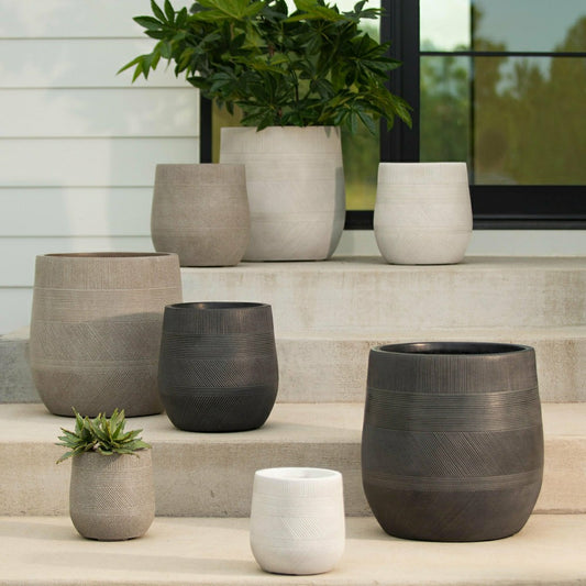 Round Stripe Fiber Clay Planters, Set of 3, White | Plow & Hearth