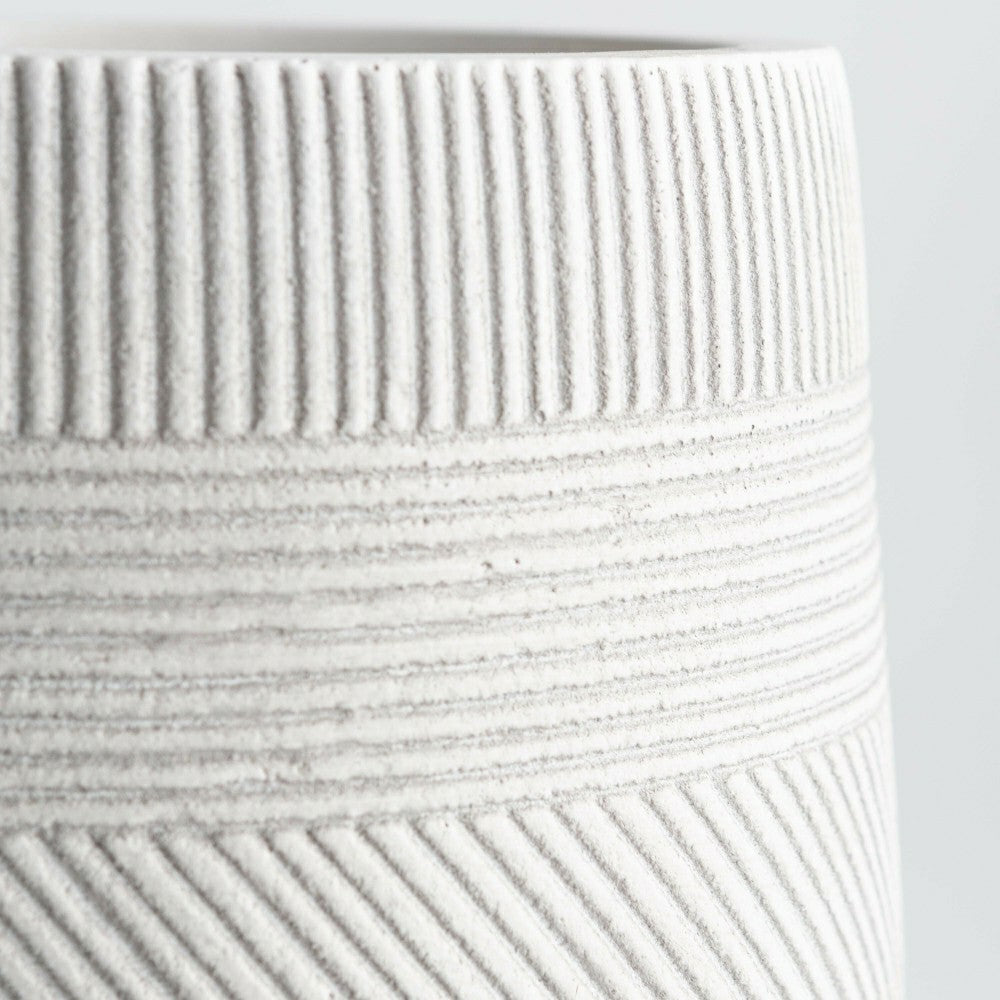 Round Stripe Fiber Clay Planters, Set of 3, White | Plow & Hearth