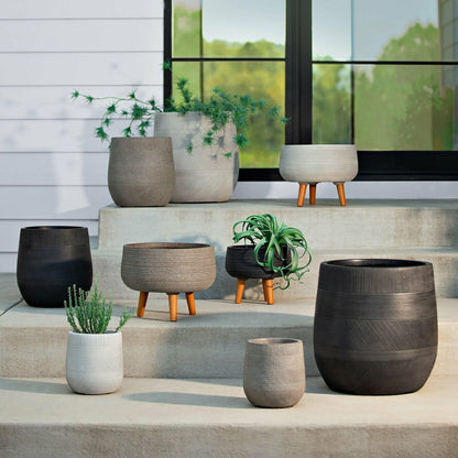 Round Stripe Fiber Clay Planters, Set of 3, White | Plow & Hearth