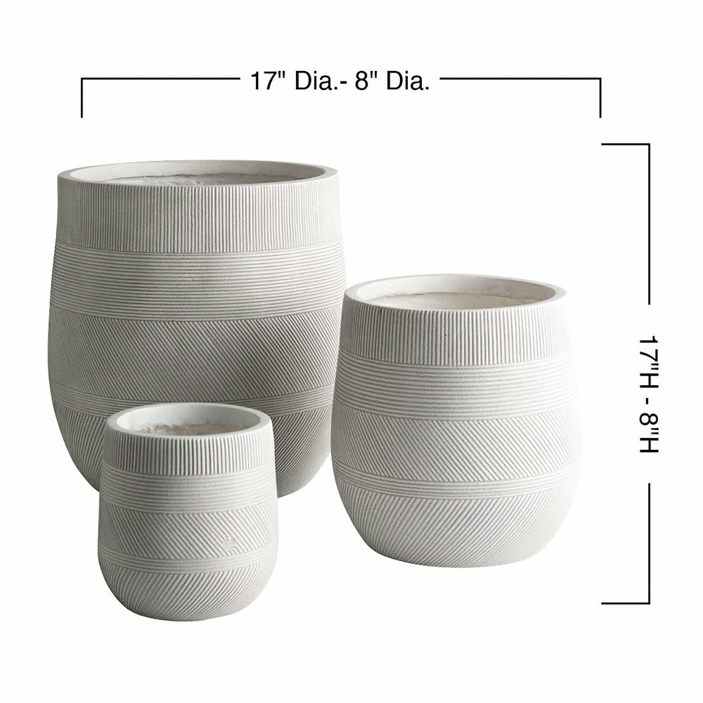 Round Stripe Fiber Clay Planters, Set of 3, White | Plow & Hearth