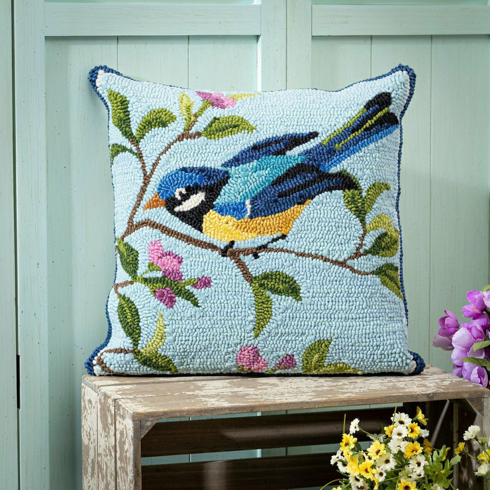 Indoor/Outdoor Hooked Polypropylene Birds in Branches Throw Pillow 18" | Plow & Hearth