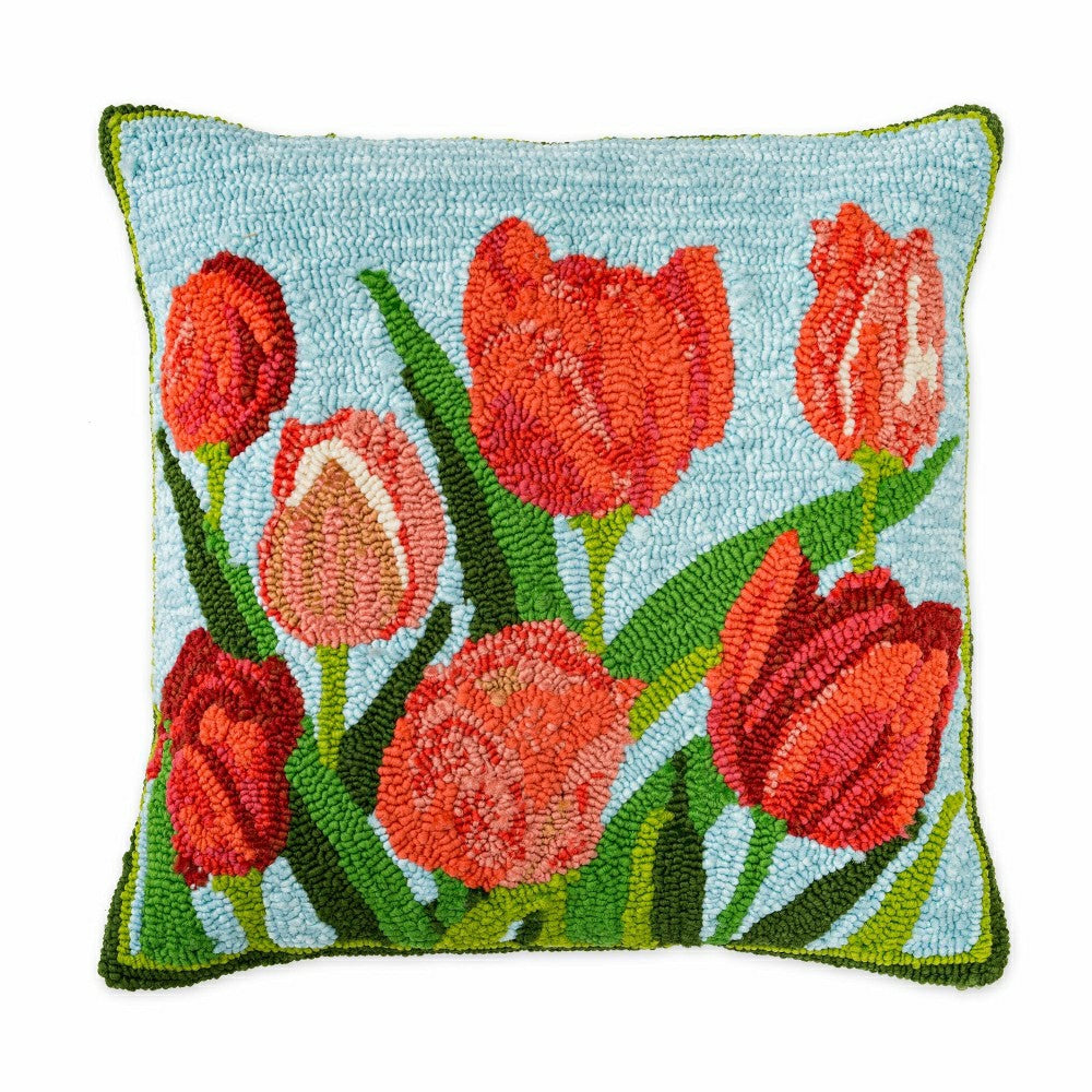 Indoor/Outdoor Pink Tulips Hooked Polypropylene Throw Pillow | Plow & Hearth