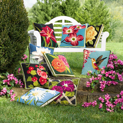 Indoor/Outdoor Double Zinnia Hooked Throw Pillow | Plow & Hearth