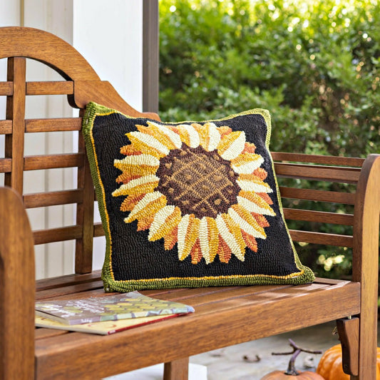 Indoor/Outdoor Sunflower Fields Hand-Hooked Polypropylene Throw Pillow | Plow & Hearth