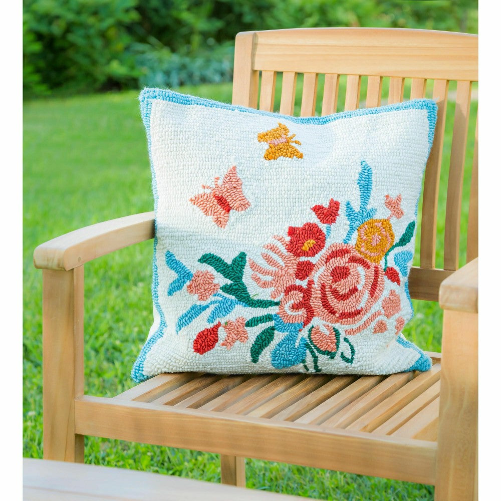 Indoor/Outdoor Hooked Pillow 18"x18" Butterfly Meadow | Plow & Hearth