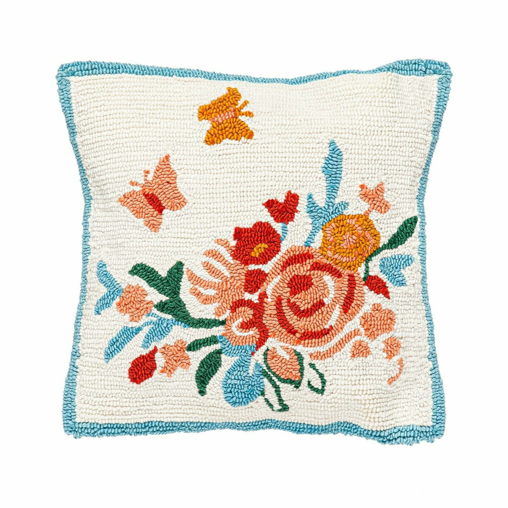 Indoor/Outdoor Hooked Pillow 18"x18" Butterfly Meadow | Plow & Hearth
