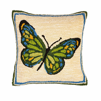 Indoor/Outdoor Green Butterfly Hooked Polypropylene Throw Pillow 18"x1 | Plow & Hearth