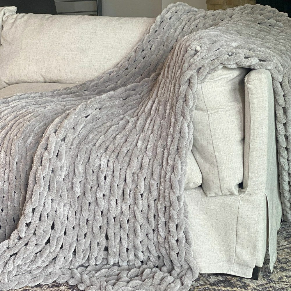 Infinite Chunky Knit Blanket, Minky, 43” x 70”, Mist | Plow & Hearth