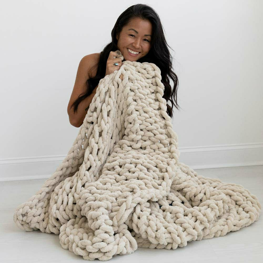 Infinite Chunky Knit Blanket, Minky, 43” x 70”, Sand | Plow & Hearth