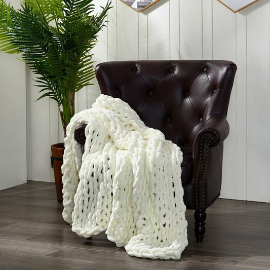 Chenille Knit Throw, Ivory | Plow & Hearth