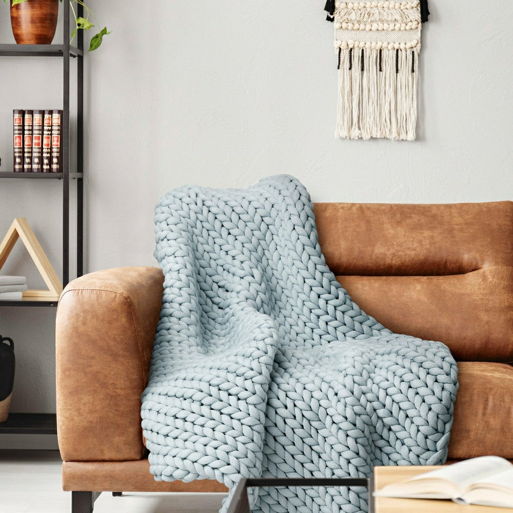 Chunky Knit Throw, Blue | Plow & Hearth