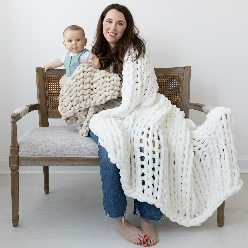 Infinite Chunky Knit Blanket, Minky, 43” x 70”, Blanc | Plow & Hearth
