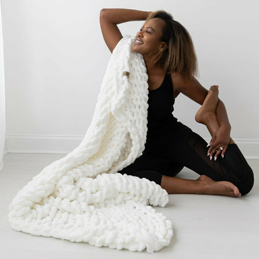 Infinite Chunky Knit Blanket, Minky, 43” x 70”, Blanc | Plow & Hearth
