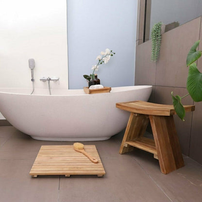Siena Natural Teak Shower and Bath Stool with Curved Seat and Shelf | Plow & Hearth