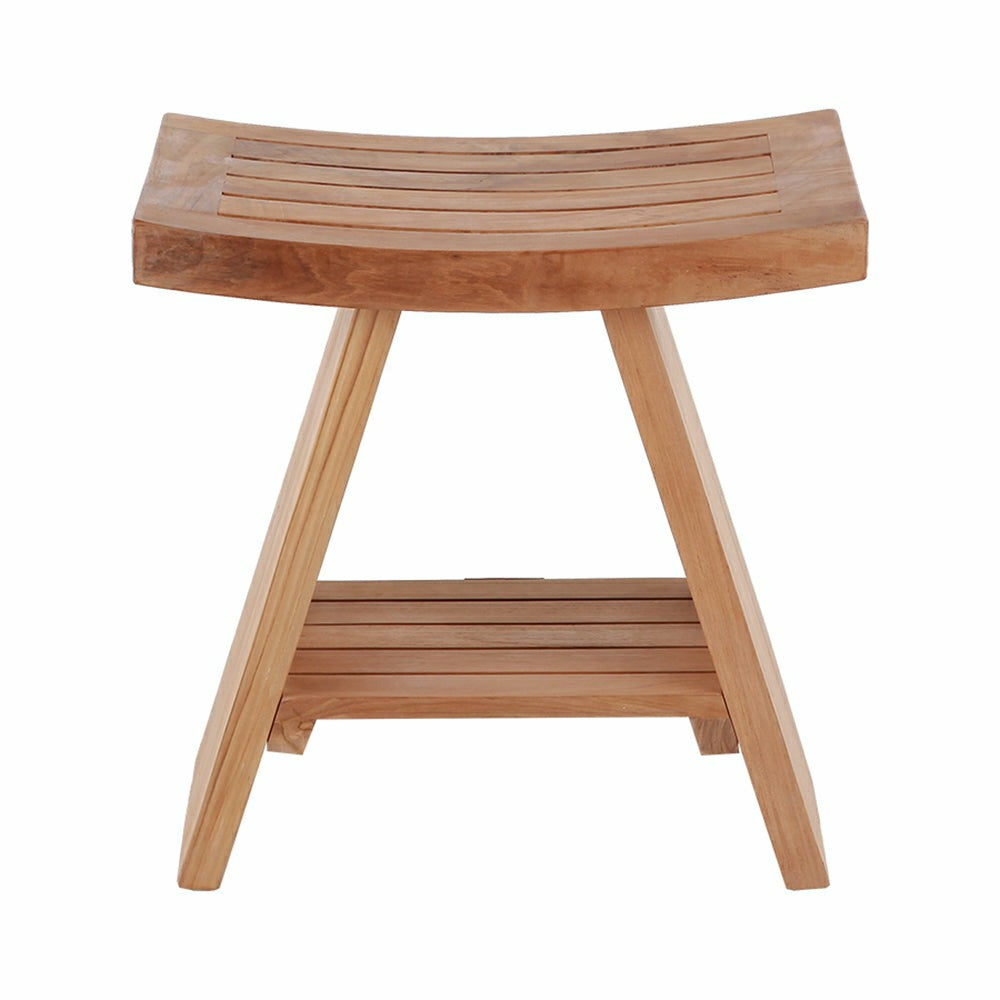 Siena Natural Teak Shower and Bath Stool with Curved Seat and Shelf | Plow & Hearth