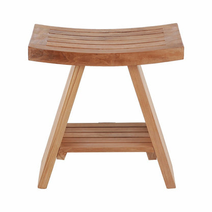 Siena Natural Teak Shower and Bath Stool with Curved Seat and Shelf | Plow & Hearth