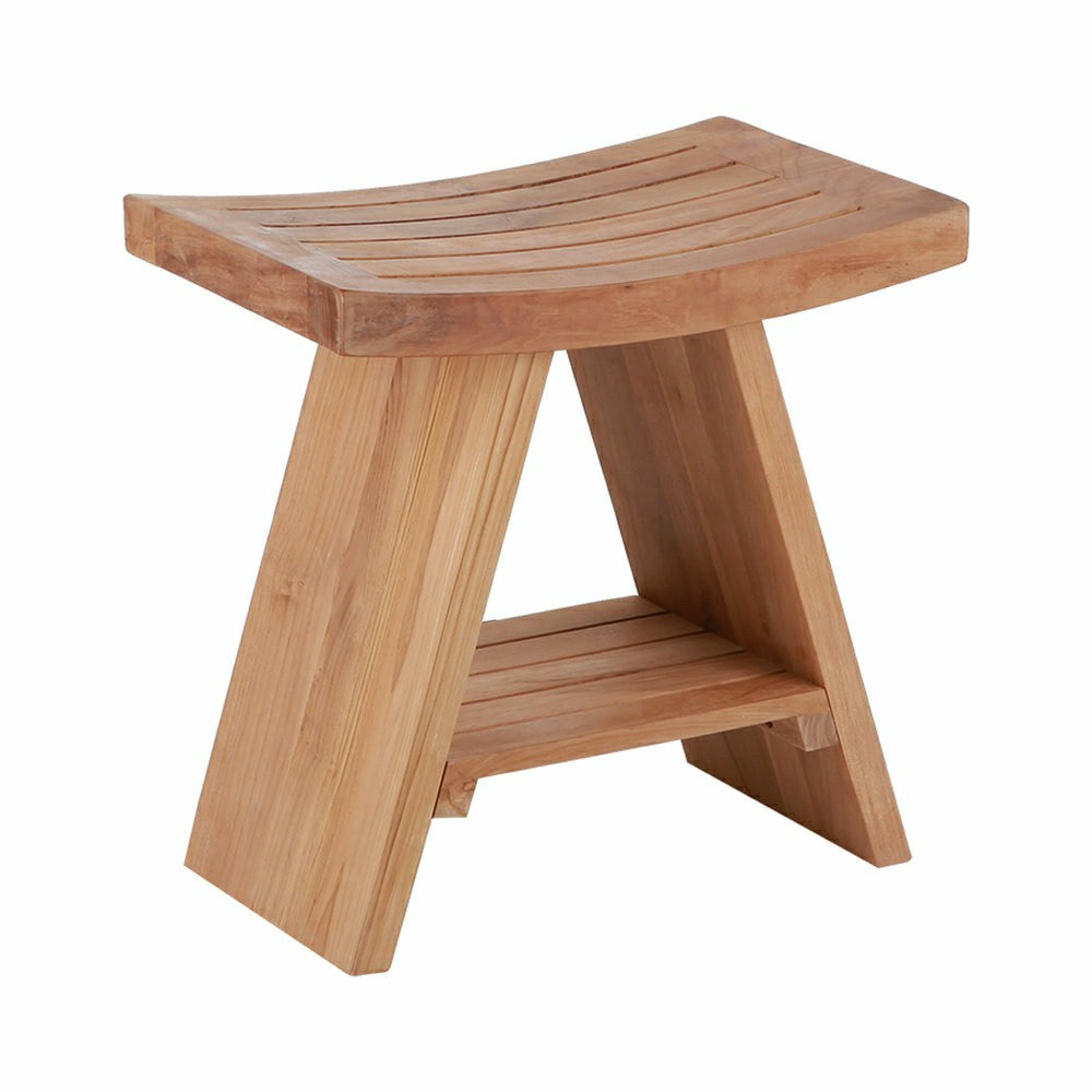 Siena Natural Teak Shower and Bath Stool with Curved Seat and Shelf | Plow & Hearth